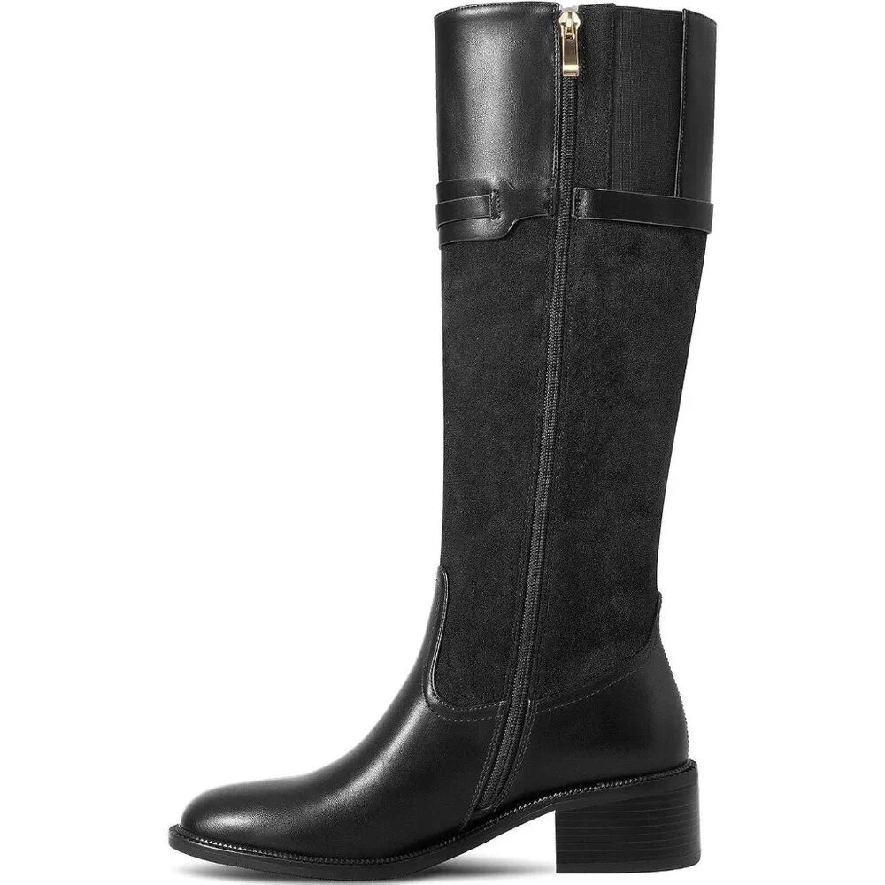 Women's Black Round Toe Chunky Block Heel Zipper Buckle Riding Knee High Boots